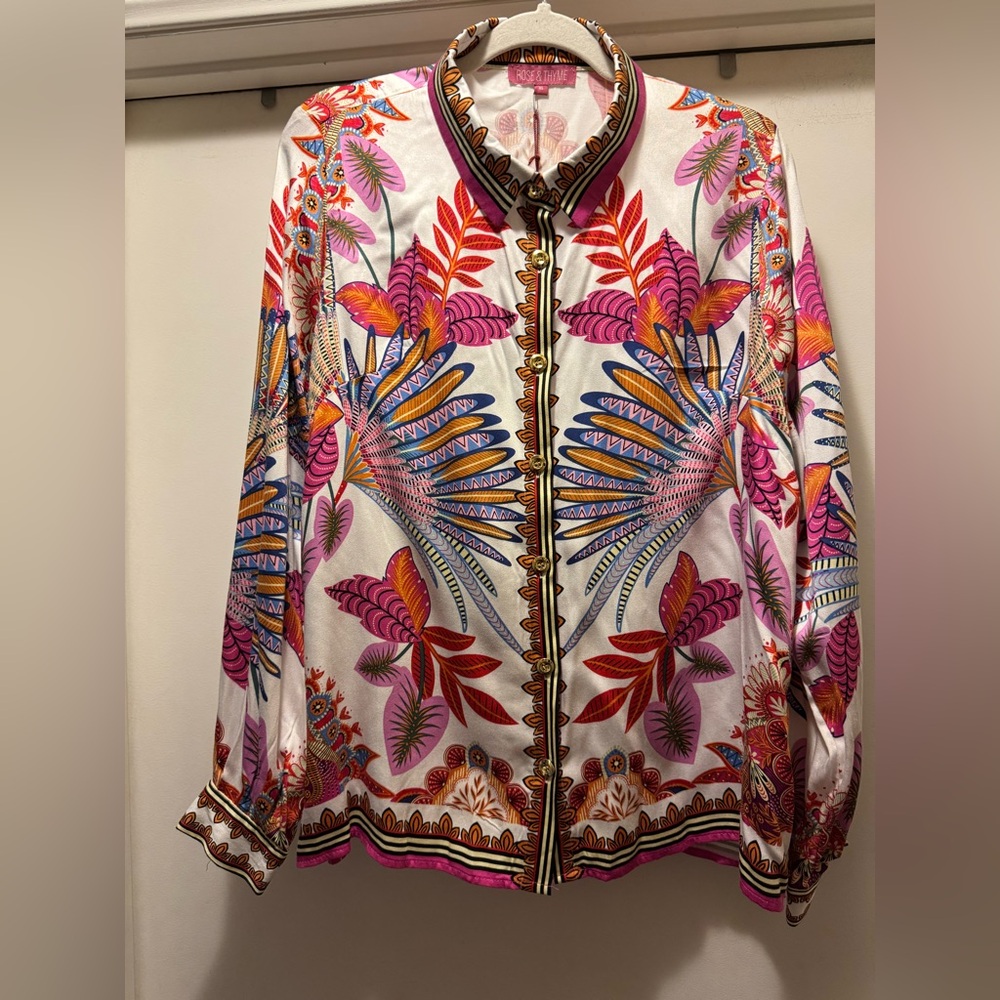 Rose and Thyme Colorful Floral Button-Up Blouse Size XL